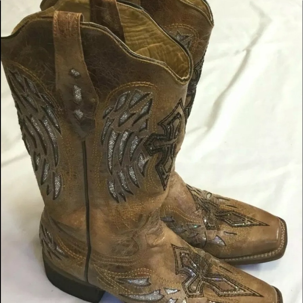 Angel wing and cross glitter inlay cowboy boots